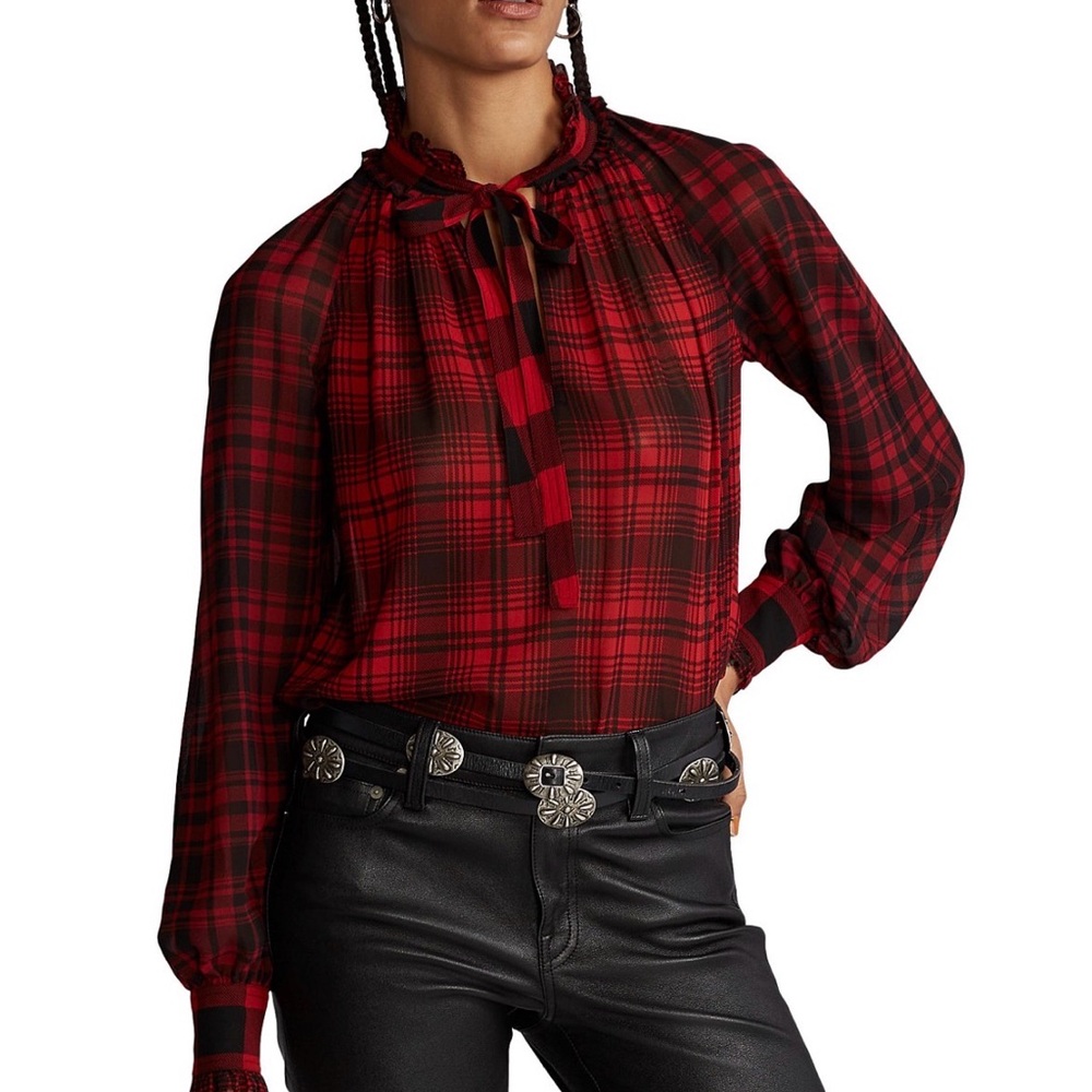 Polo Ralph Lauren (S) Plaid Tie-Neck Sheer Flowy Blouse